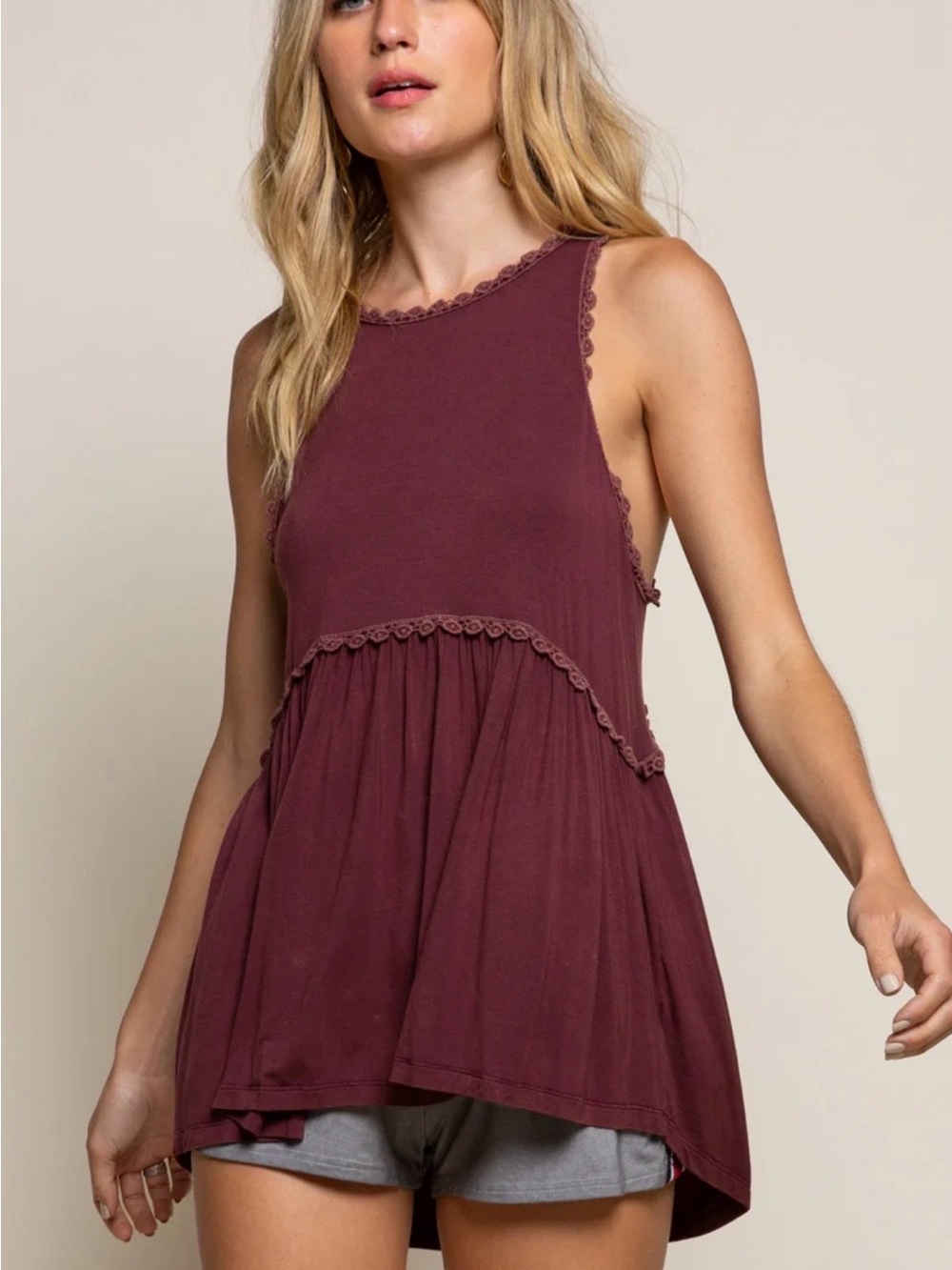 POL Lace-Trim Peplum Tank Top - Burgundy